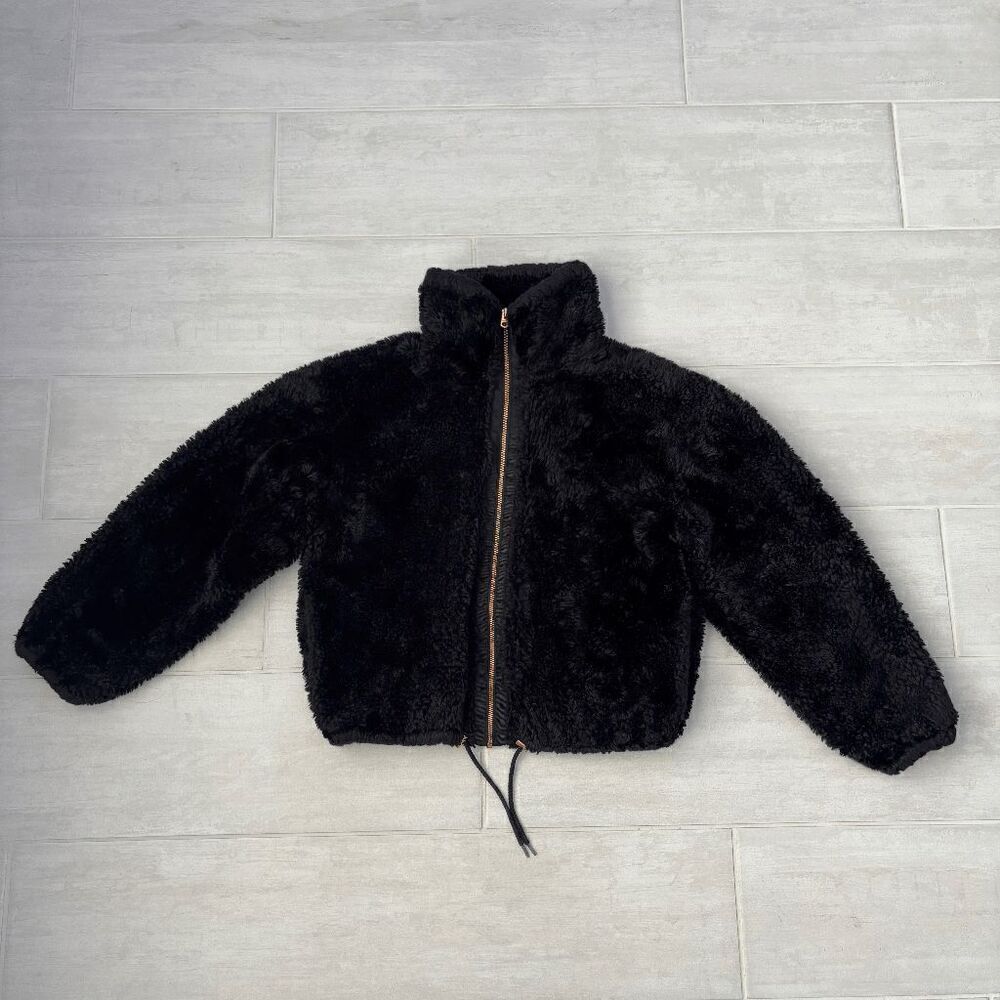 Lucky Brand Jacket Coat Black Faux Fur Rose Gold Zipper Drawstring Waist Small